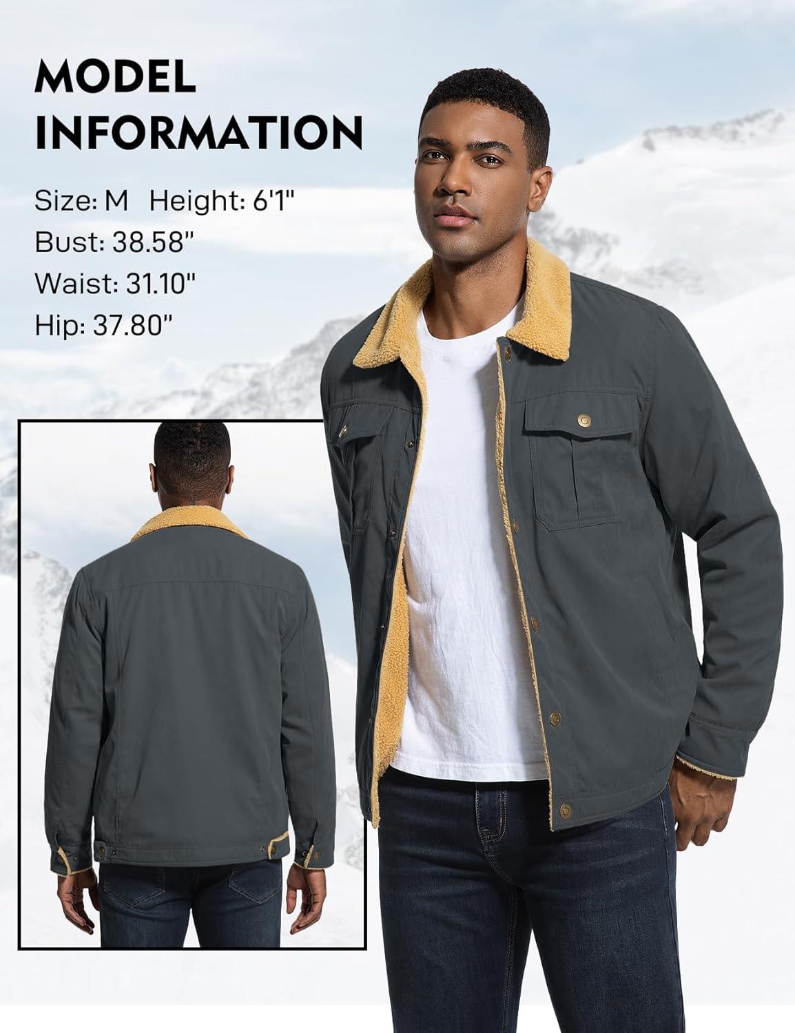 imageFlygo Mens Winter Jackets Sherpa Lined Fleece Trucker Jacket Thick Warm Lapel Work Cargo Coat OuterwearDark Grey