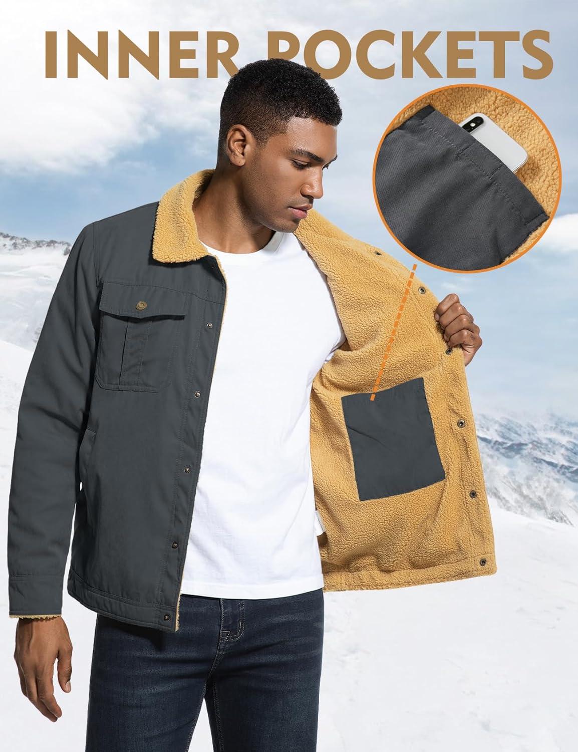 imageFlygo Mens Winter Jackets Sherpa Lined Fleece Trucker Jacket Thick Warm Lapel Work Cargo Coat OuterwearDark Grey