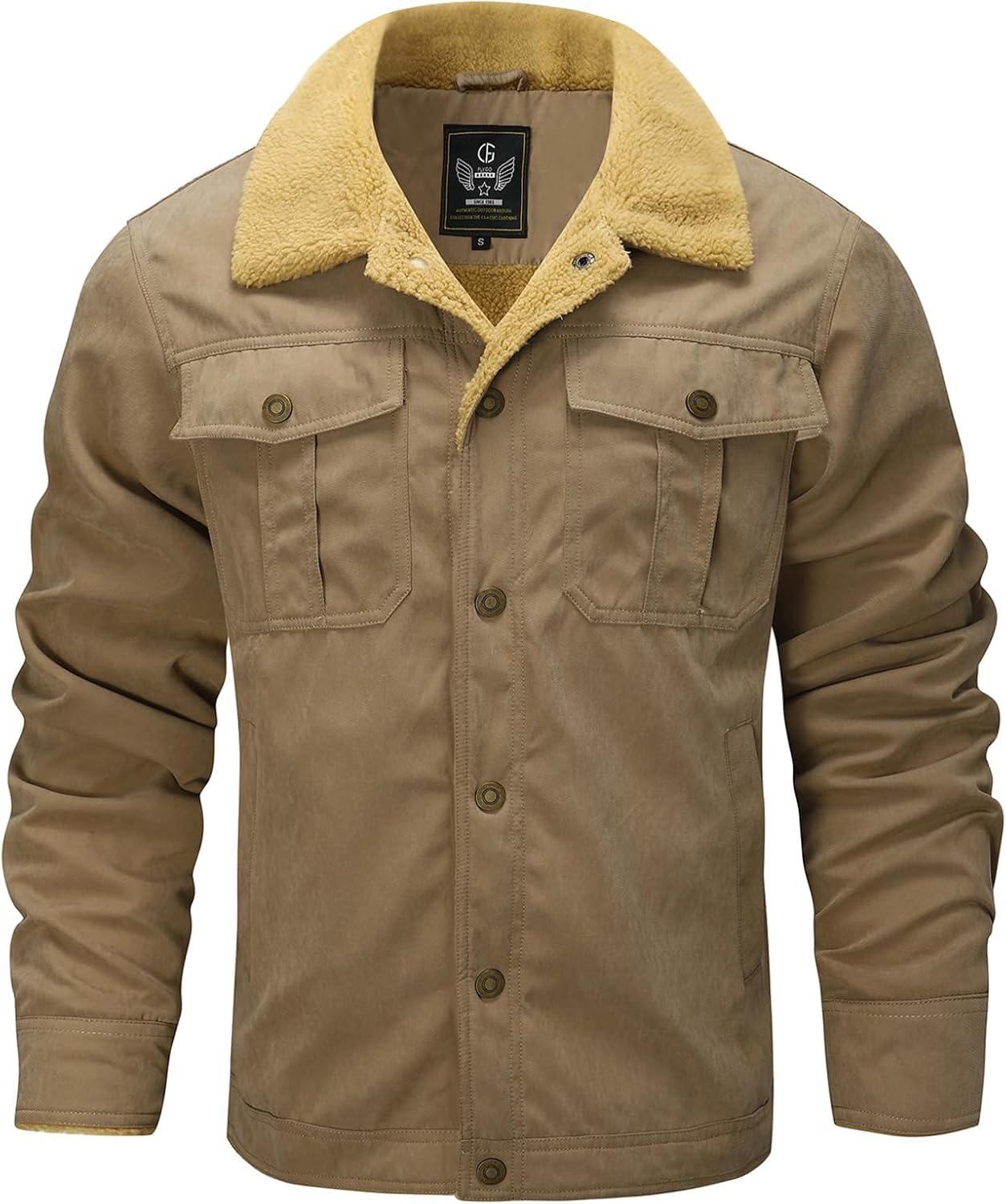 imageFlygo Mens Winter Jackets Sherpa Lined Fleece Trucker Jacket Thick Warm Lapel Work Cargo Coat OuterwearKhaki