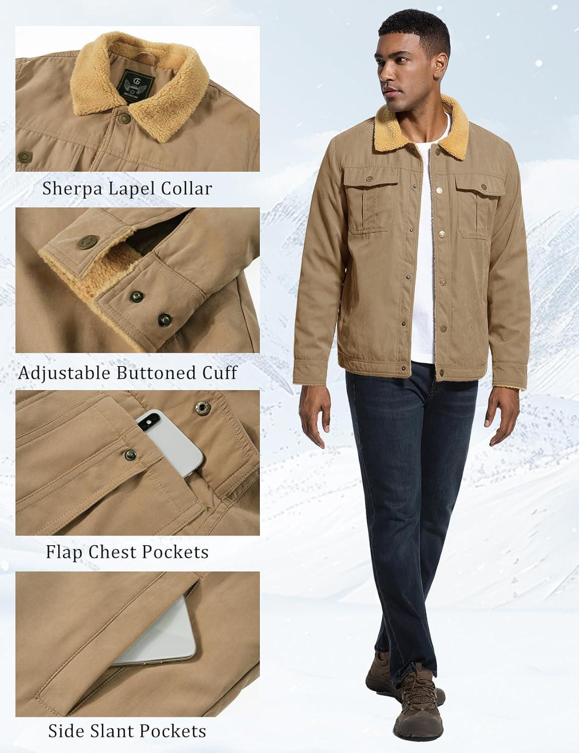imageFlygo Mens Winter Jackets Sherpa Lined Fleece Trucker Jacket Thick Warm Lapel Work Cargo Coat OuterwearKhaki