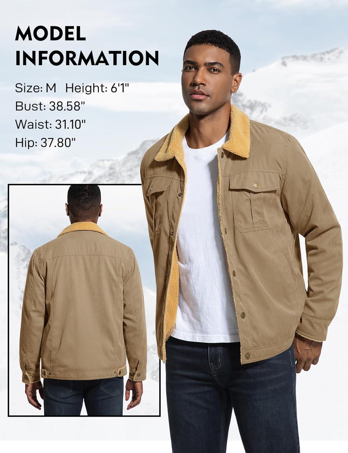 imageFlygo Mens Winter Jackets Sherpa Lined Fleece Trucker Jacket Thick Warm Lapel Work Cargo Coat OuterwearKhaki