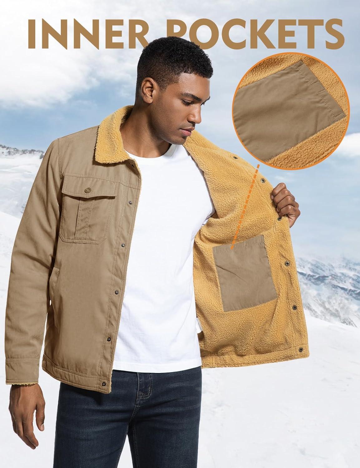 imageFlygo Mens Winter Jackets Sherpa Lined Fleece Trucker Jacket Thick Warm Lapel Work Cargo Coat OuterwearKhaki