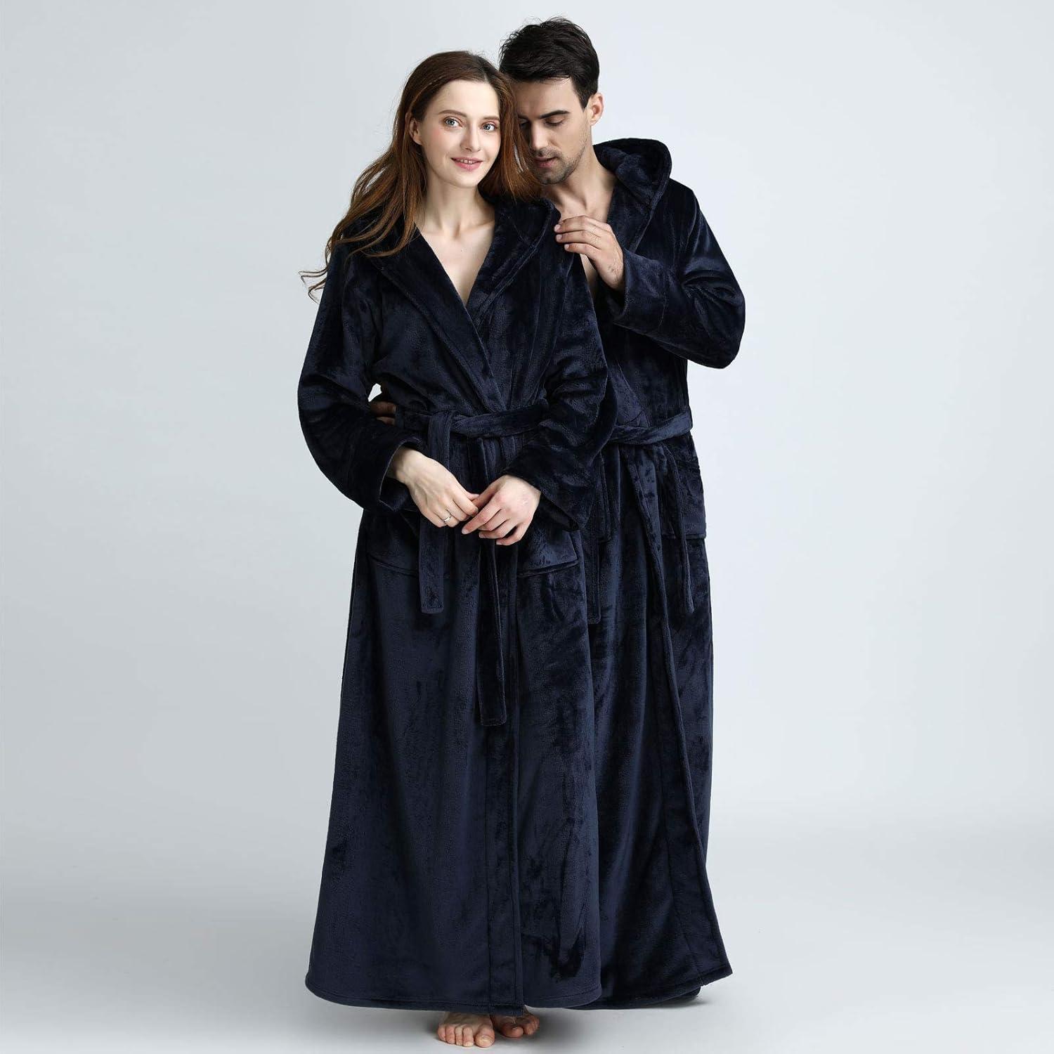 imageFlygo Womens Fuzzy Plush Long Hooded Robe Full Length Flannel Fleece Bathrobe Warm HousecoatNavyM