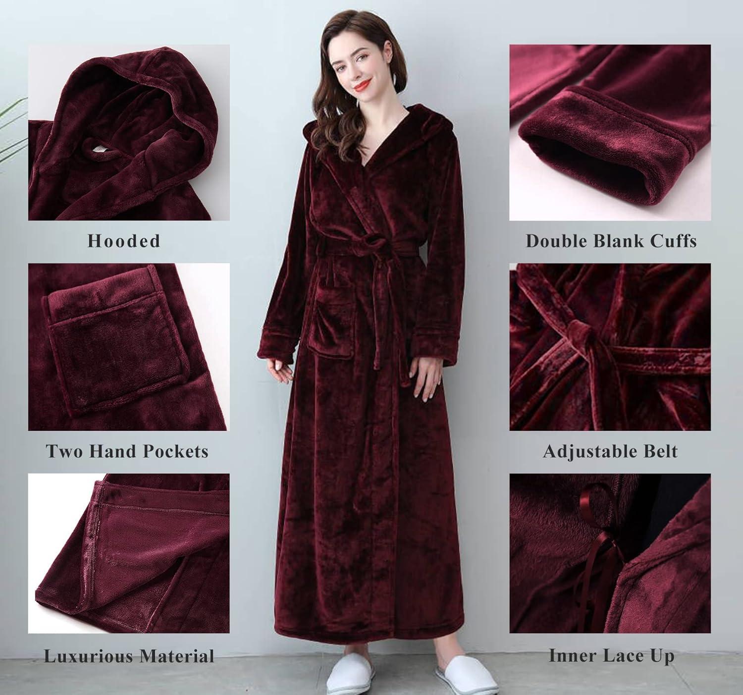 imageFlygo Womens Fuzzy Plush Long Hooded Robe Full Length Flannel Fleece Bathrobe Warm HousecoatNavyM