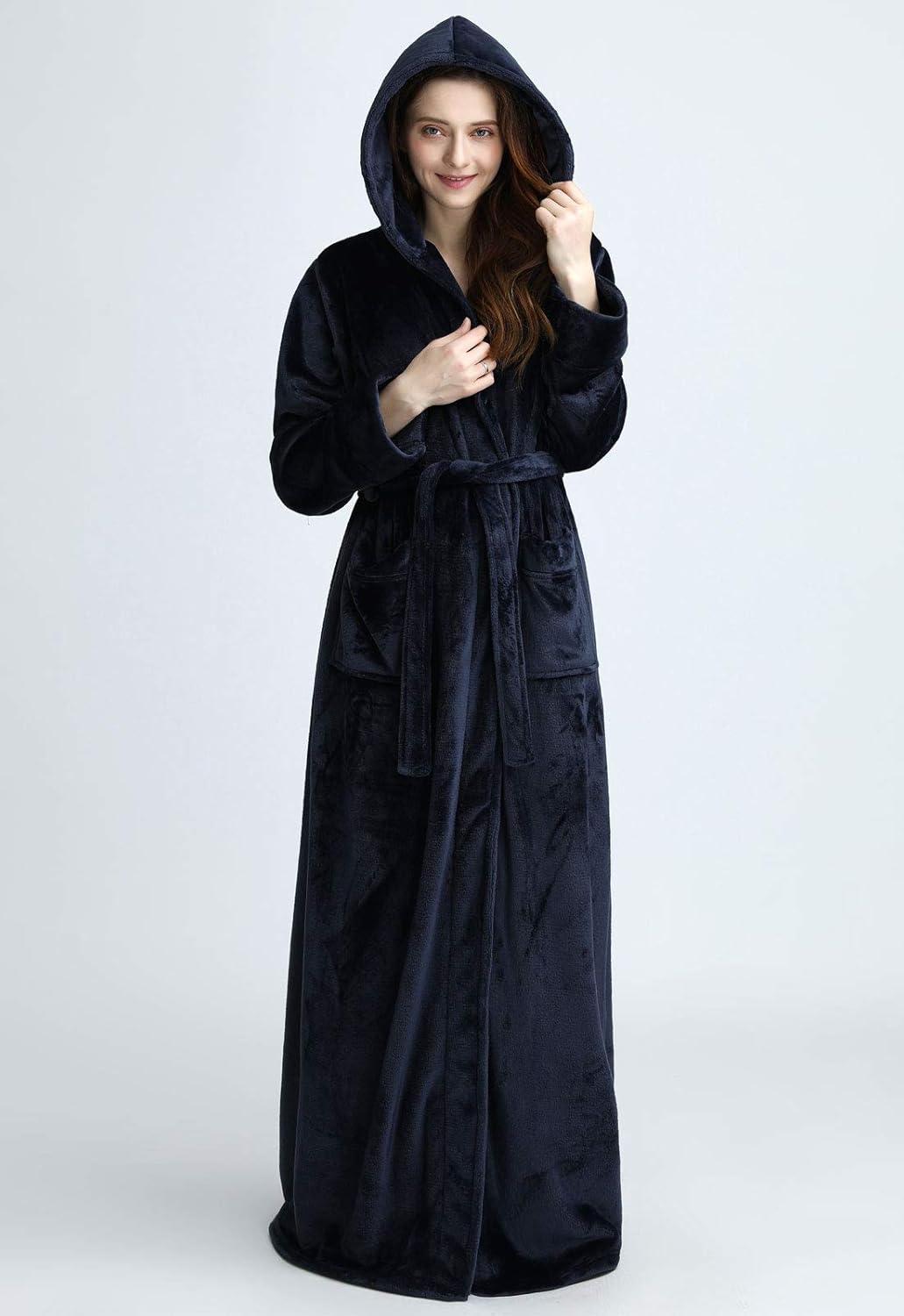 imageFlygo Womens Fuzzy Plush Long Hooded Robe Full Length Flannel Fleece Bathrobe Warm HousecoatNavyM