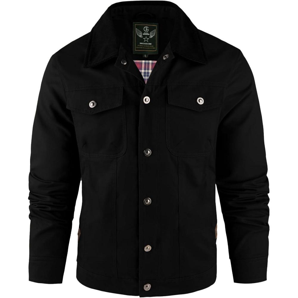 imageFlygo Mens Flannel Lined Shirt Jacket Cotton Corduroy Turndown Collar Snap Button Rugged Cargo Trucker Jacket Multi PocketsBlack