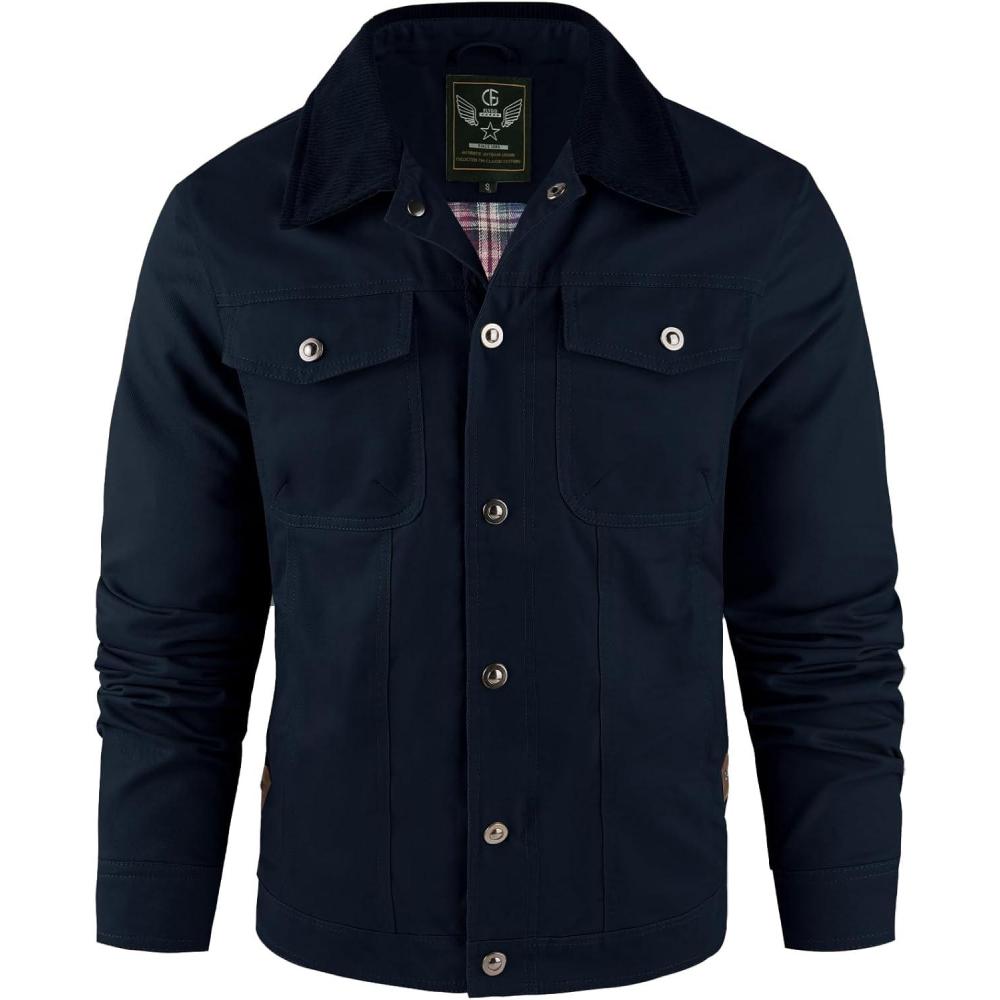 imageFlygo Mens Flannel Lined Shirt Jacket Cotton Corduroy Turndown Collar Snap Button Rugged Cargo Trucker Jacket Multi PocketsNavyblue