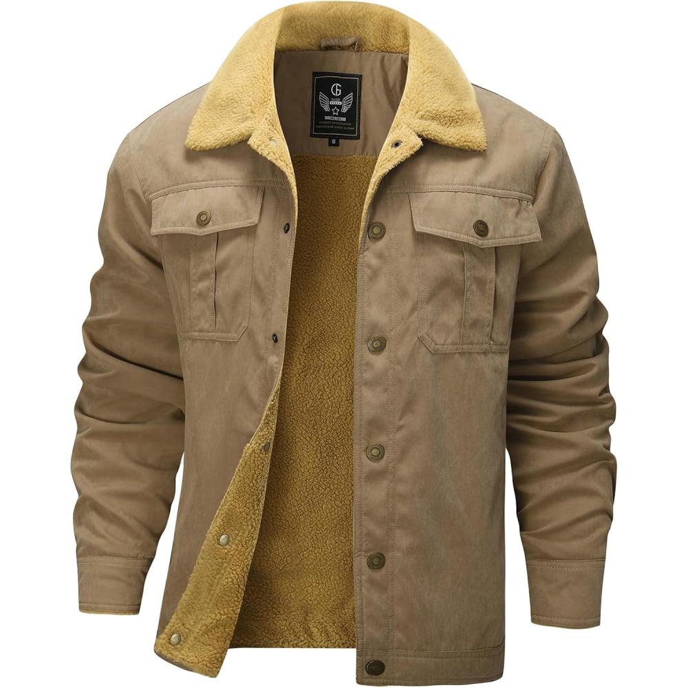 imageFlygo Mens Winter Jackets Sherpa Lined Fleece Trucker Jacket Thick Warm Lapel Work Cargo Coat OuterwearKhaki