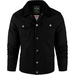imageFlygo Mens Flannel Lined Shirt Jacket Cotton Corduroy Turndown Collar Snap Button Rugged Cargo Trucker Jacket Multi PocketsBlack