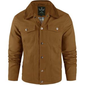 imageFlygo Mens Flannel Lined Shirt Jacket Cotton Corduroy Turndown Collar Snap Button Rugged Cargo Trucker Jacket Multi PocketsBrown