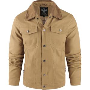 imageFlygo Mens Flannel Lined Shirt Jacket Cotton Corduroy Turndown Collar Snap Button Rugged Cargo Trucker Jacket Multi PocketsKhaki