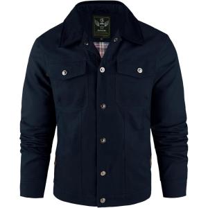 imageFlygo Mens Flannel Lined Shirt Jacket Cotton Corduroy Turndown Collar Snap Button Rugged Cargo Trucker Jacket Multi PocketsNavyblue