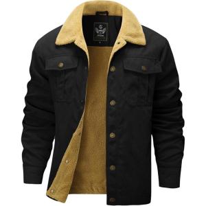 imageFlygo Mens Winter Jackets Sherpa Lined Fleece Trucker Jacket Thick Warm Lapel Work Cargo Coat OuterwearBlack