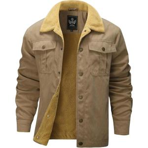 imageFlygo Mens Winter Jackets Sherpa Lined Fleece Trucker Jacket Thick Warm Lapel Work Cargo Coat OuterwearKhaki