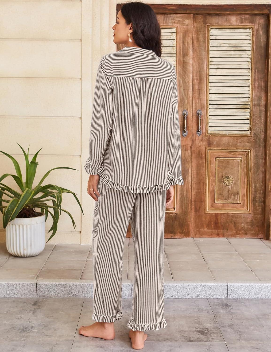 imageFlygo Womens Striped Pajama Sets 2 Piece Cotton Lounge Sets Button Down Top Straight Leg Pants with Pockets Y2K Pjs SleepwearCoffee