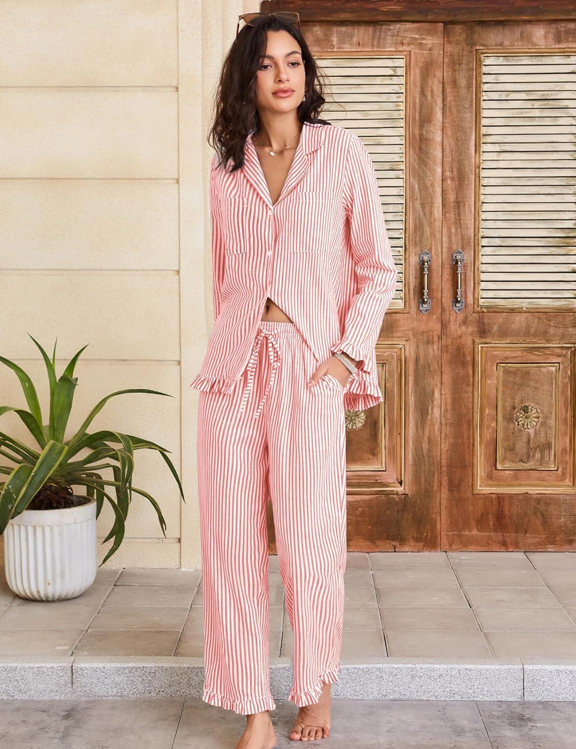 imageFlygo Womens Striped Pajama Sets 2 Piece Cotton Lounge Sets Button Down Top Straight Leg Pants with Pockets Y2K Pjs SleepwearOrangered