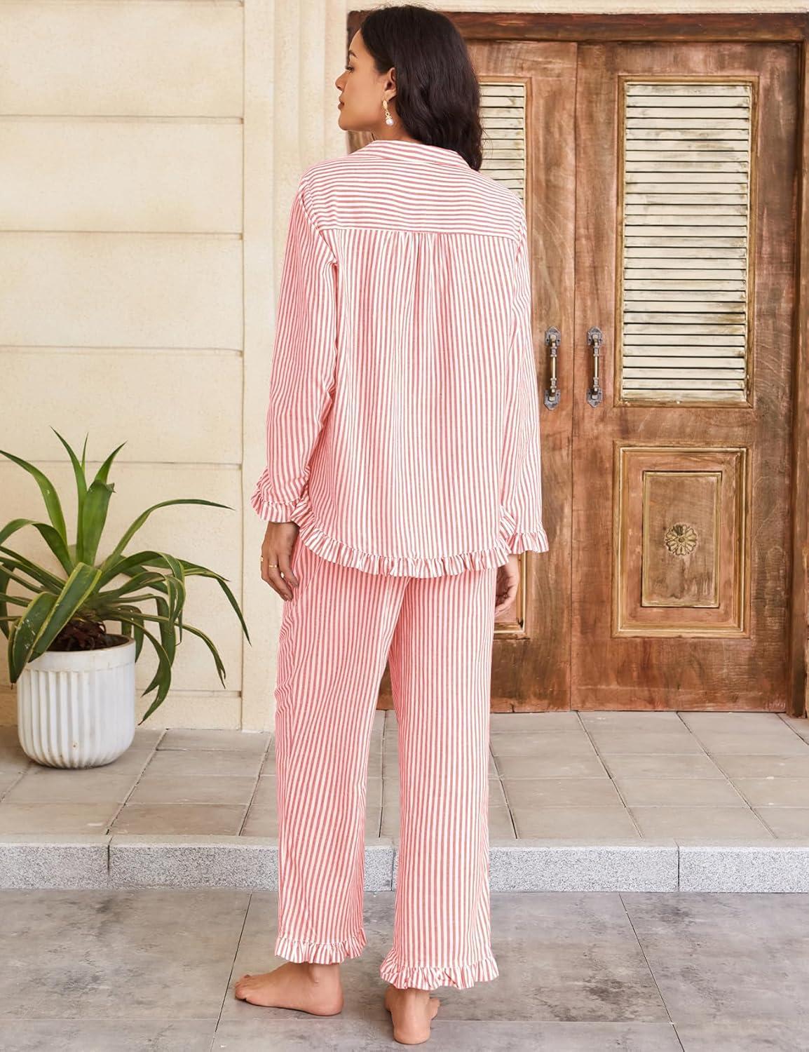 imageFlygo Womens Striped Pajama Sets 2 Piece Cotton Lounge Sets Button Down Top Straight Leg Pants with Pockets Y2K Pjs SleepwearOrangered