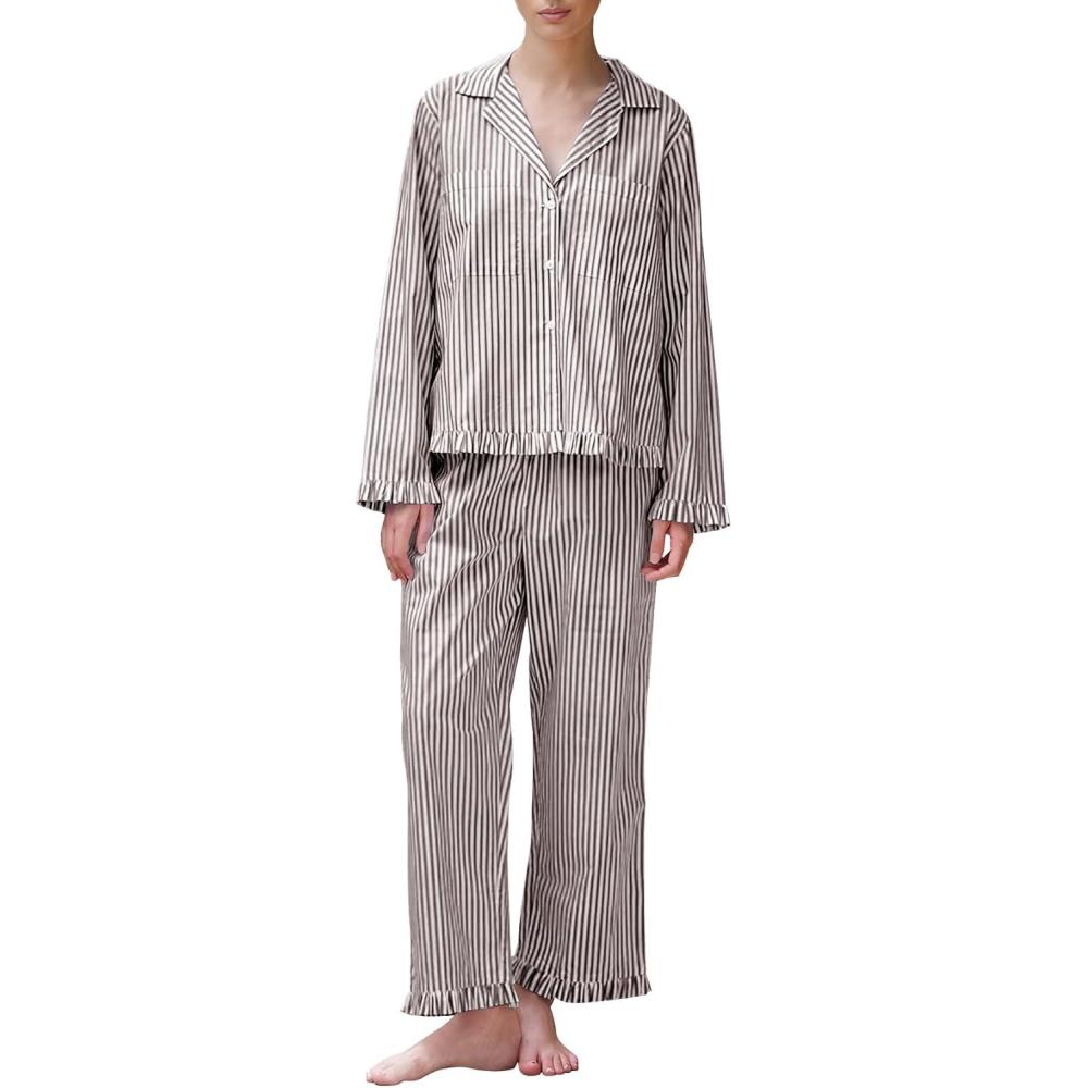 imageFlygo Womens Striped Pajama Sets 2 Piece Cotton Lounge Sets Button Down Top Straight Leg Pants with Pockets Y2K Pjs SleepwearCoffee