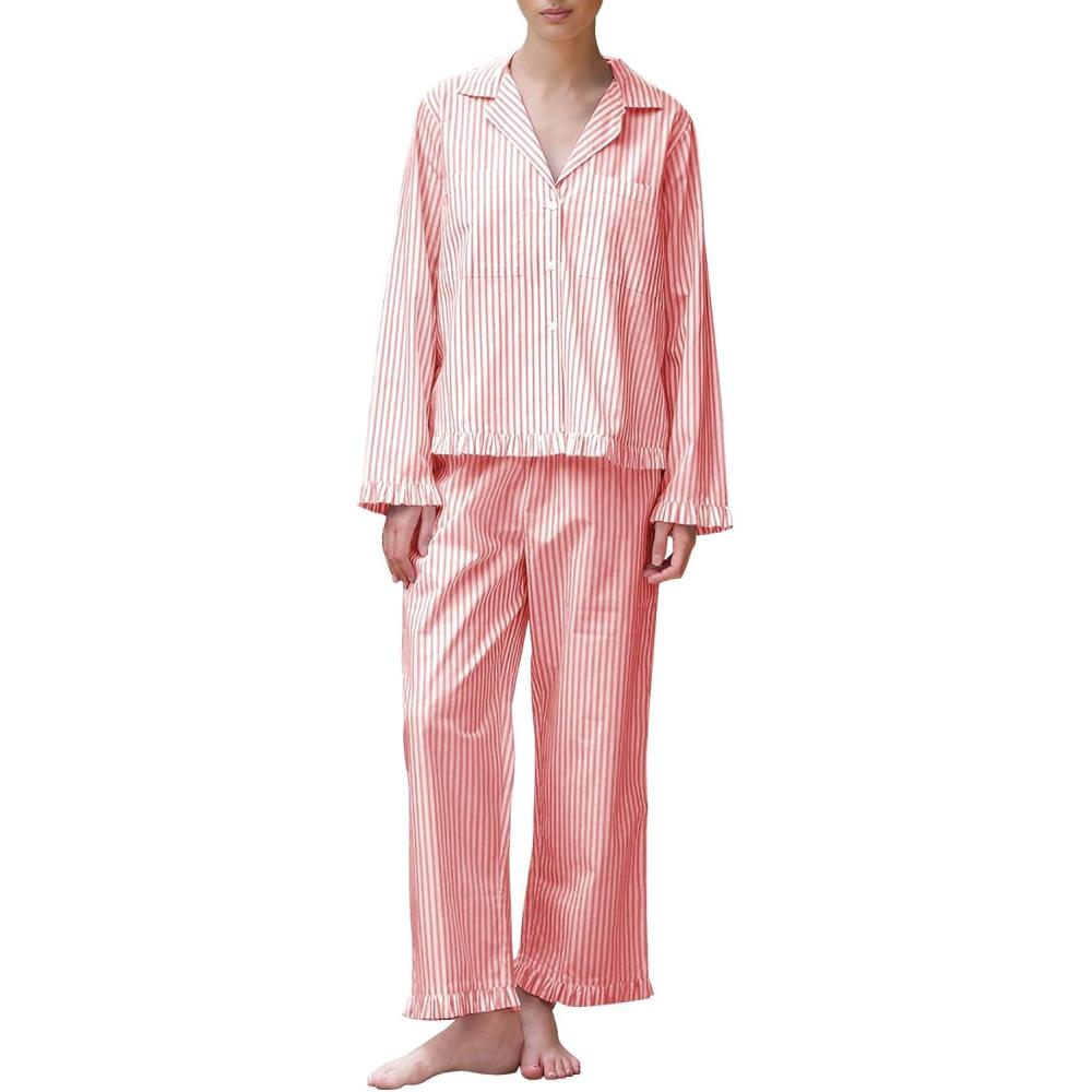imageFlygo Womens Striped Pajama Sets 2 Piece Cotton Lounge Sets Button Down Top Straight Leg Pants with Pockets Y2K Pjs SleepwearOrangered