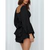 imageFlygo Womens Square Neck Long Puff Sleeve Jumpsuit Tiered Ruffle Tie Back Shorts RomperBlack