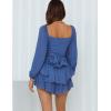 imageFlygo Womens Square Neck Long Puff Sleeve Jumpsuit Tiered Ruffle Tie Back Shorts RomperBlue