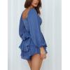 imageFlygo Womens Square Neck Long Puff Sleeve Jumpsuit Tiered Ruffle Tie Back Shorts RomperBlue
