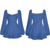 imageFlygo Womens Square Neck Long Puff Sleeve Jumpsuit Tiered Ruffle Tie Back Shorts RomperBlue