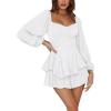 imageFlygo Womens Square Neck Long Puff Sleeve Jumpsuit Tiered Ruffle Tie Back Shorts RomperWhite