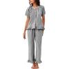 imageFlygo Womens Striped Pajama Sets 2 Piece Cotton Pjs Lounge Set Ruffle Button Down Tops Long Pants Soft Sleepwear with PocketsBlack