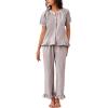 imageFlygo Womens Striped Pajama Sets 2 Piece Cotton Pjs Lounge Set Ruffle Button Down Tops Long Pants Soft Sleepwear with PocketsCoffee