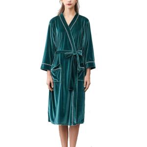 imageFlygo Womens Soft Warm Pleuche Bathrobe Long Couple Pajamas with PocketsGreen