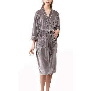 imageFlygo Womens Soft Warm Pleuche Bathrobe Long Couple Pajamas with PocketsGrey