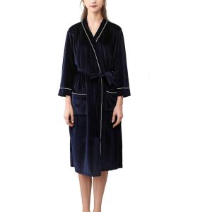 imageFlygo Womens Soft Warm Pleuche Bathrobe Long Couple Pajamas with PocketsNavy