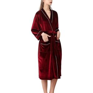 imageFlygo Womens Soft Warm Pleuche Bathrobe Long Couple Pajamas with PocketsWine Red