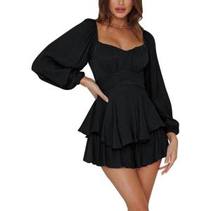 imageFlygo Womens Square Neck Long Puff Sleeve Jumpsuit Tiered Ruffle Tie Back Shorts RomperBlack