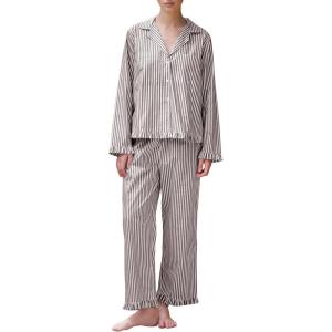 imageFlygo Womens Striped Pajama Sets 2 Piece Cotton Lounge Sets Button Down Top Straight Leg Pants with Pockets Y2K Pjs SleepwearCoffee