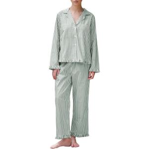 imageFlygo Womens Striped Pajama Sets 2 Piece Cotton Lounge Sets Button Down Top Straight Leg Pants with Pockets Y2K Pjs SleepwearDarkgreen