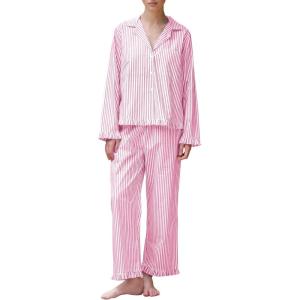 imageFlygo Womens Striped Pajama Sets 2 Piece Cotton Lounge Sets Button Down Top Straight Leg Pants with Pockets Y2K Pjs SleepwearRose