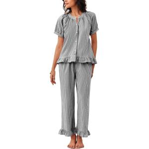 imageFlygo Womens Striped Pajama Sets 2 Piece Cotton Pjs Lounge Set Ruffle Button Down Tops Long Pants Soft Sleepwear with PocketsBlack