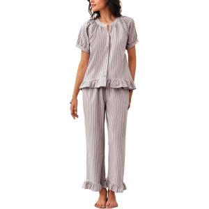 imageFlygo Womens Striped Pajama Sets 2 Piece Cotton Pjs Lounge Set Ruffle Button Down Tops Long Pants Soft Sleepwear with PocketsCoffee
