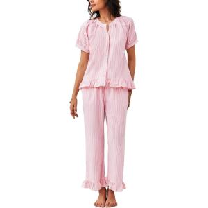 imageFlygo Womens Striped Pajama Sets 2 Piece Cotton Pjs Lounge Set Ruffle Button Down Tops Long Pants Soft Sleepwear with PocketsPink