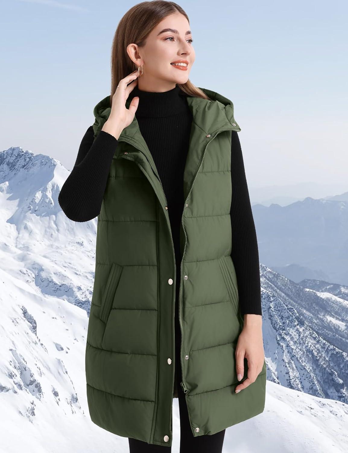 imageFlygo Long Puffer Vest Women Hooded Sleeveless Winter Jacket Button Zip Up Quilted Vest Padded OuterwearArmy Green