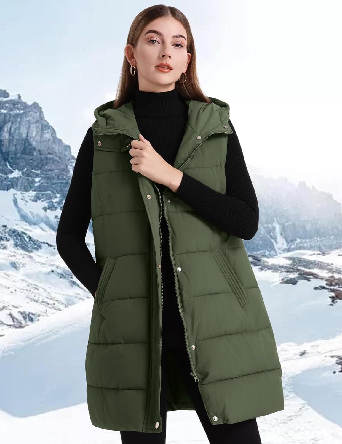 imageFlygo Long Puffer Vest Women Hooded Sleeveless Winter Jacket Button Zip Up Quilted Vest Padded OuterwearArmy Green