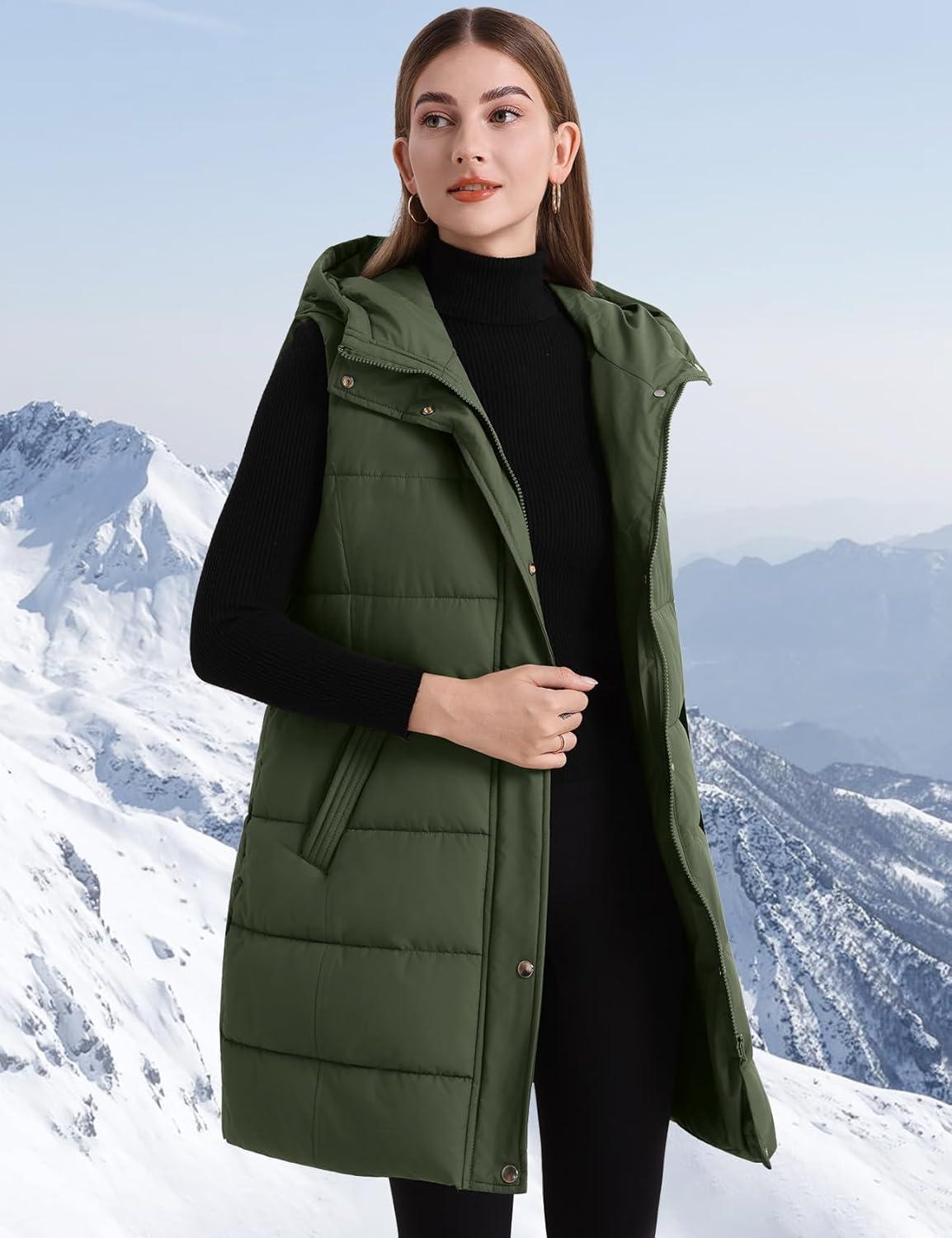 imageFlygo Long Puffer Vest Women Hooded Sleeveless Winter Jacket Button Zip Up Quilted Vest Padded OuterwearArmy Green