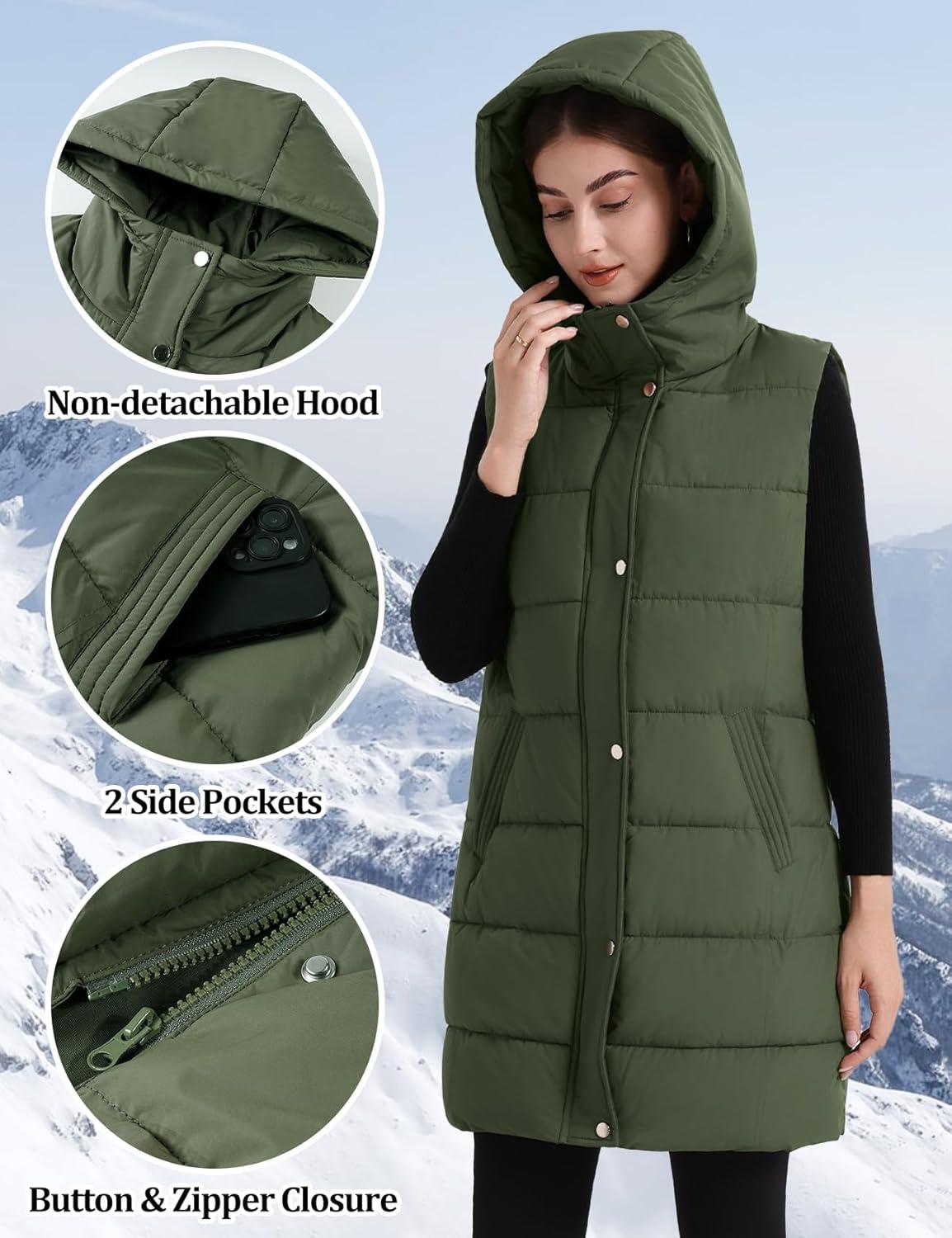 imageFlygo Long Puffer Vest Women Hooded Sleeveless Winter Jacket Button Zip Up Quilted Vest Padded OuterwearArmy Green