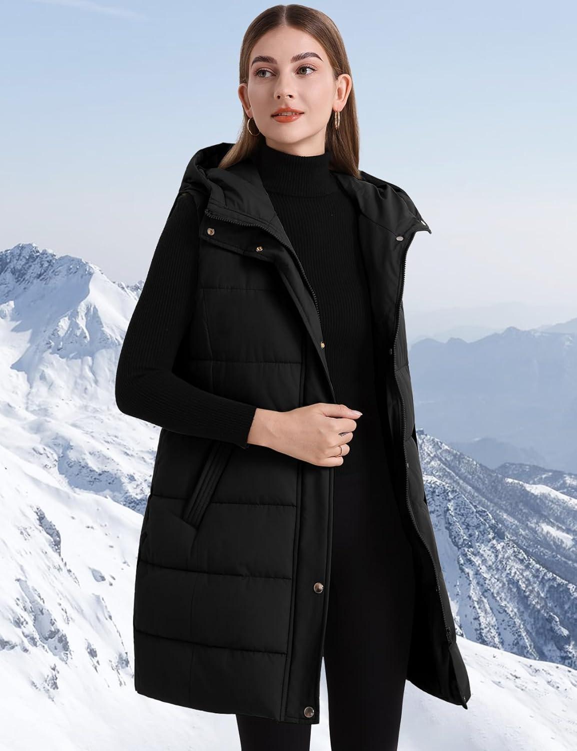 imageFlygo Long Puffer Vest Women Hooded Sleeveless Winter Jacket Button Zip Up Quilted Vest Padded OuterwearBlack