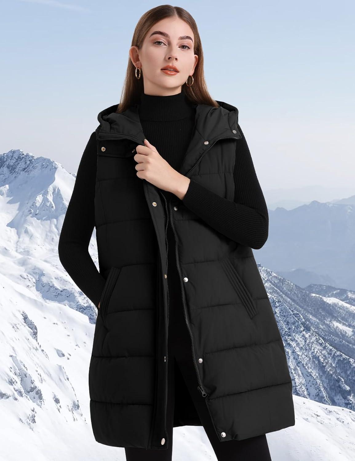 imageFlygo Long Puffer Vest Women Hooded Sleeveless Winter Jacket Button Zip Up Quilted Vest Padded OuterwearBlack