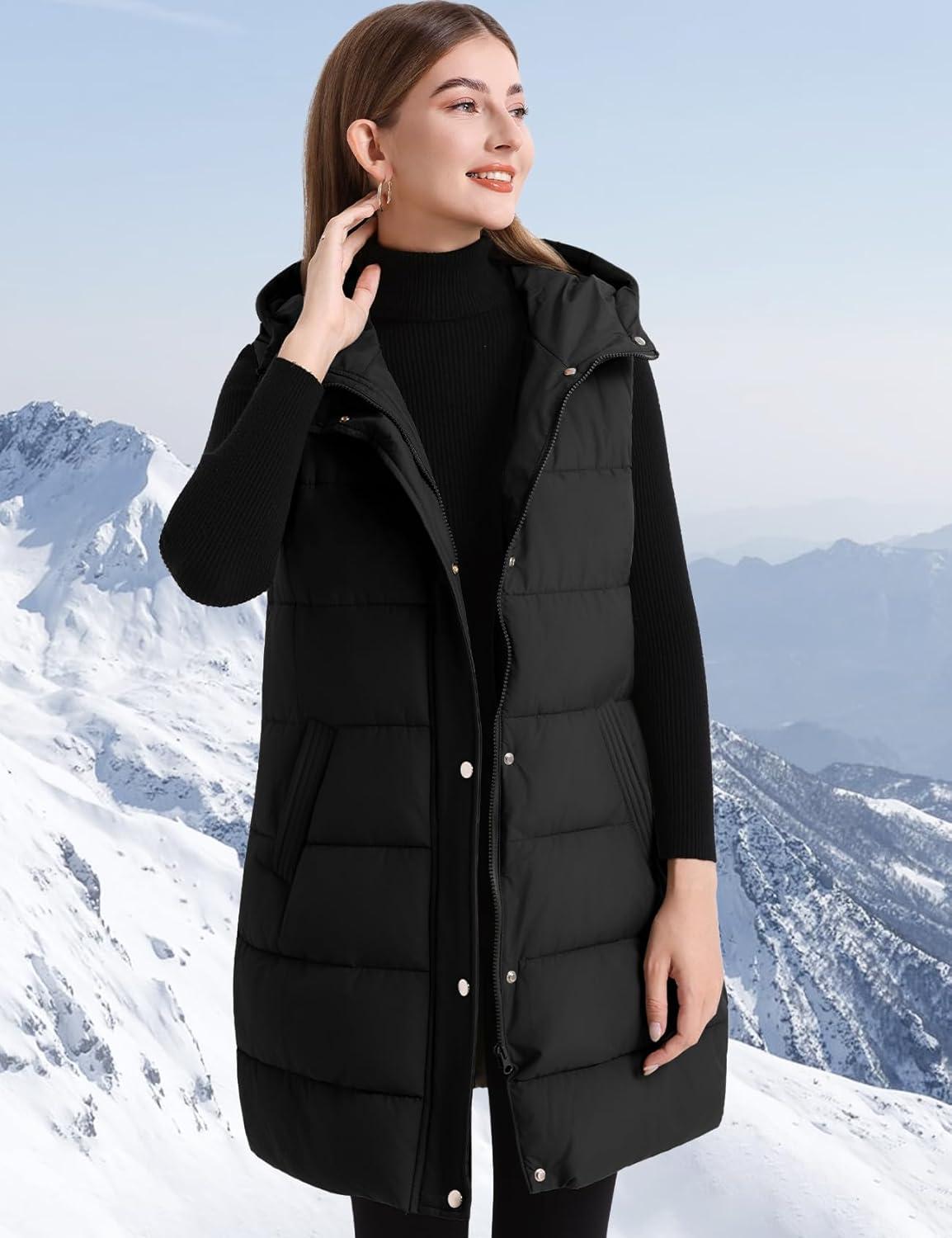 imageFlygo Long Puffer Vest Women Hooded Sleeveless Winter Jacket Button Zip Up Quilted Vest Padded OuterwearBlack