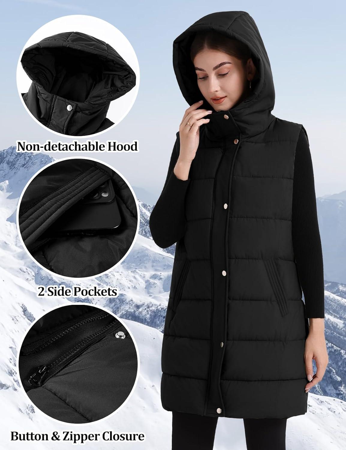 imageFlygo Long Puffer Vest Women Hooded Sleeveless Winter Jacket Button Zip Up Quilted Vest Padded OuterwearBlack