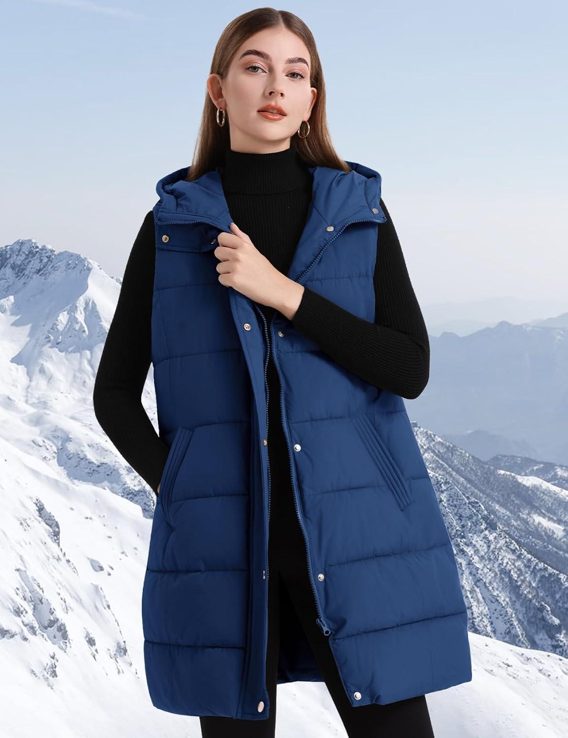 imageFlygo Long Puffer Vest Women Hooded Sleeveless Winter Jacket Button Zip Up Quilted Vest Padded OuterwearBlue